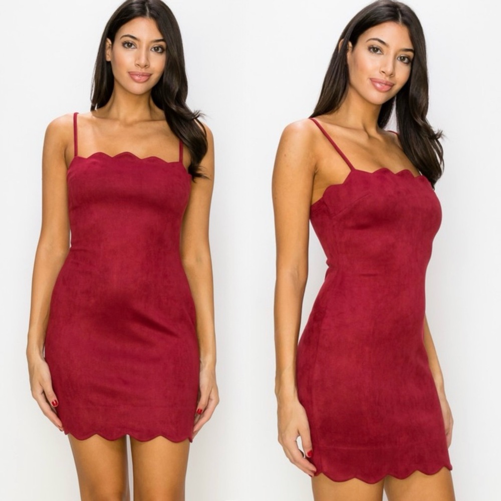 Elegant Red Scalloped Faux Suede Dress